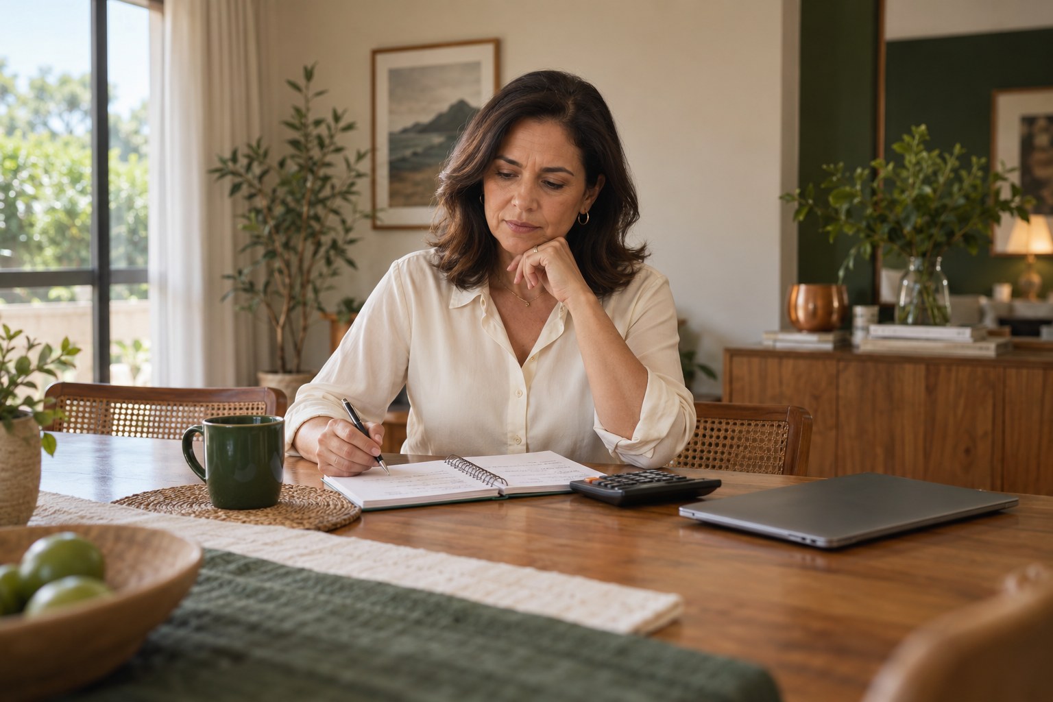 Mulher refletindo sobre suas finanças com caderno e calculadora